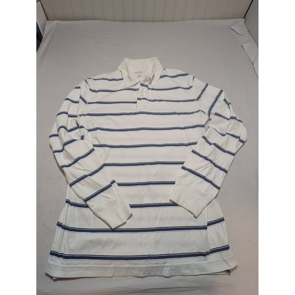 Sonoma Life Style Mens Small White Navy Blue Striped Long Sleeve Polo Shirt